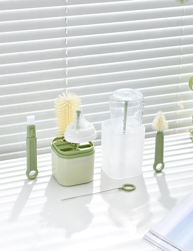 Baby Bottle Brush Set-Travel Bottle Cleaner Kit with Silicone Brush,Drying Rack,Nipple Brush,Straw Brush,Bottle Mouth Brush,Storage Box-6 in 1 Portable Bottle Washing Kit for Home and Travel