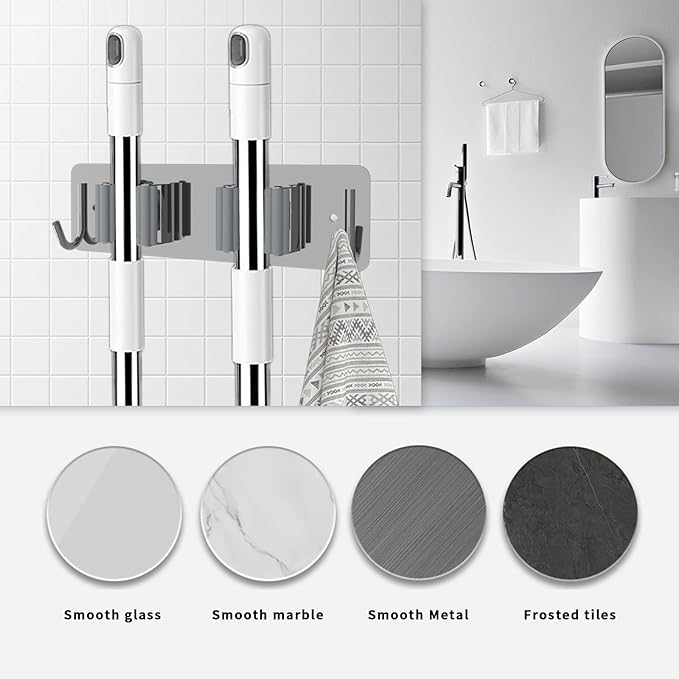 Broom and Mop Holder Wall Mounted, Heavy-Duty Stainless Steel Storage Rack with 2 Racks & 2 Hooks,Broom Organizer for Kitchen,Bathroom,Garage,Garden（BLACK
