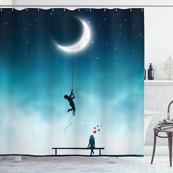 Ambesonne Fantasy Shower Curtain, Characters Climbing to The Moon and Sitting on Bench Love Romance Themed Art, Cloth Fabric Bathroom Decor Set with Hooks, 69" W x 84" L, White and Teal