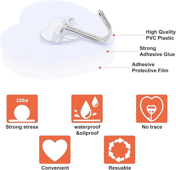 Adove Adhesive Hooks for Hanging, 24 Pack Heavy Duty Wall Hooks, Towel Coat Hooks Waterproof, Transparent Self Adhesive Sticky Hook for Kitchen Keys Glass Door,No Nail Utility Ceiling Hooks