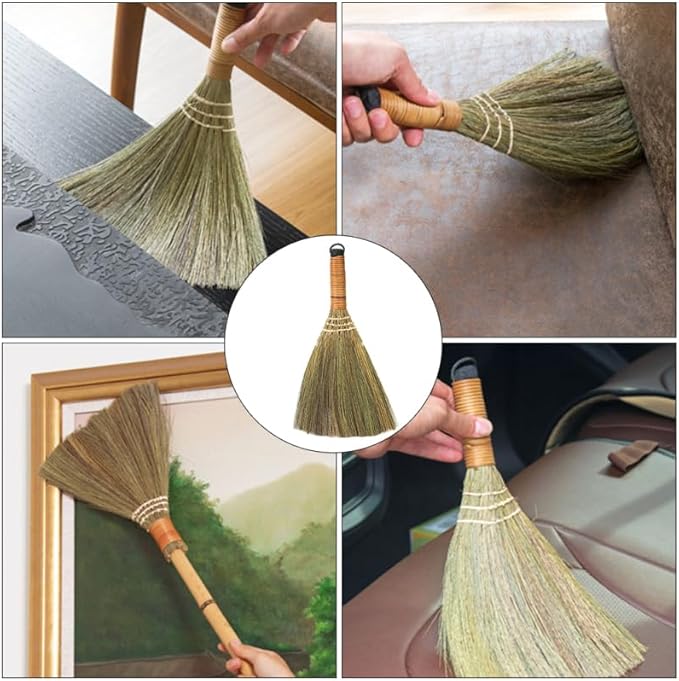 Veemoon 4 Pcs 12 Inch Whisk Broom, Handheld Cleaning Broom Straw Corn Whisk Brush Small with Handle Dust Brush Rustic for Dirt and Debris Household
