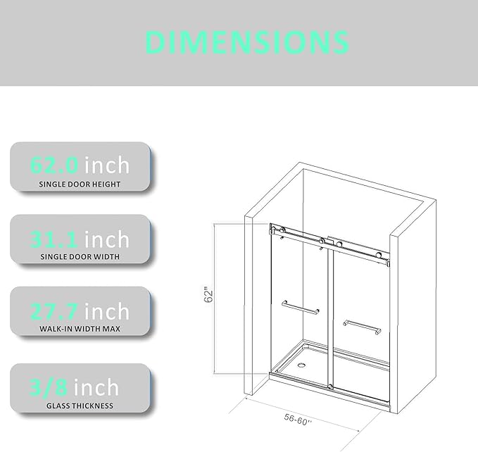 Frameless Double Sliding Shower Door 56-60'' W x 62'' H,Matte Black Stainless Steel Handles Glass Door for Bathtub,Tub Shower Door with 3/8" (10mm) Clear SGCC Tempered Glass