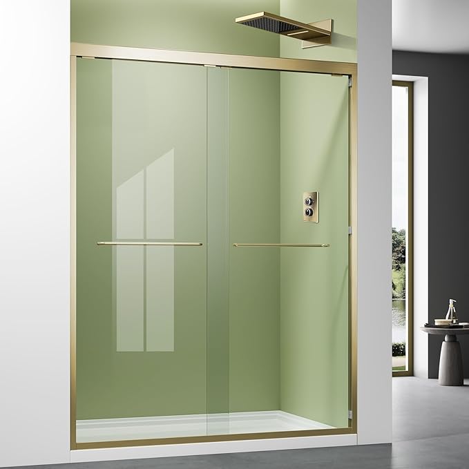 Brushed Gold 50-54'' x 72'' Semi-Frameless Glass Shower Door,Bathroom Sliding Door with 1/4'' Clear Tempered Glass,Stainless Steel Hardware Double Handles Reversible Easy Installation Bypass Doors