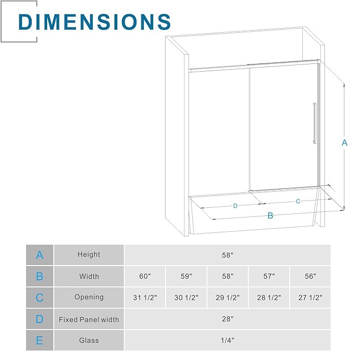 Semi-Frameless Sliding Bathtub Door 60" W x 58" H, 1/4" Clear Tempered Glass, Reversible Installation, Stainless Steel Hardware, Matte Black Finish, Space-Saving Glass Tub Shower Door for Bathrooms