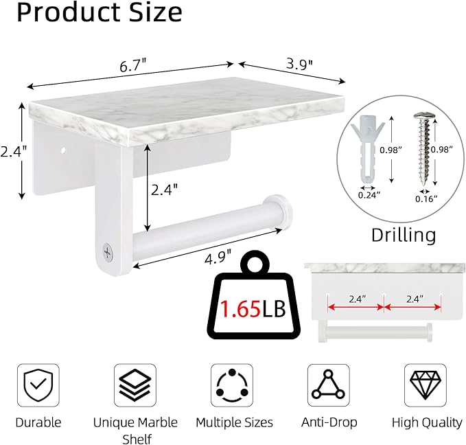 Toilet Paper Holder with Natural Marble Shelf, 304 Stainless Steel Screw Wall Mounted, Tissue Roll Paper Holder Dispenser for Bathroom Washroom White