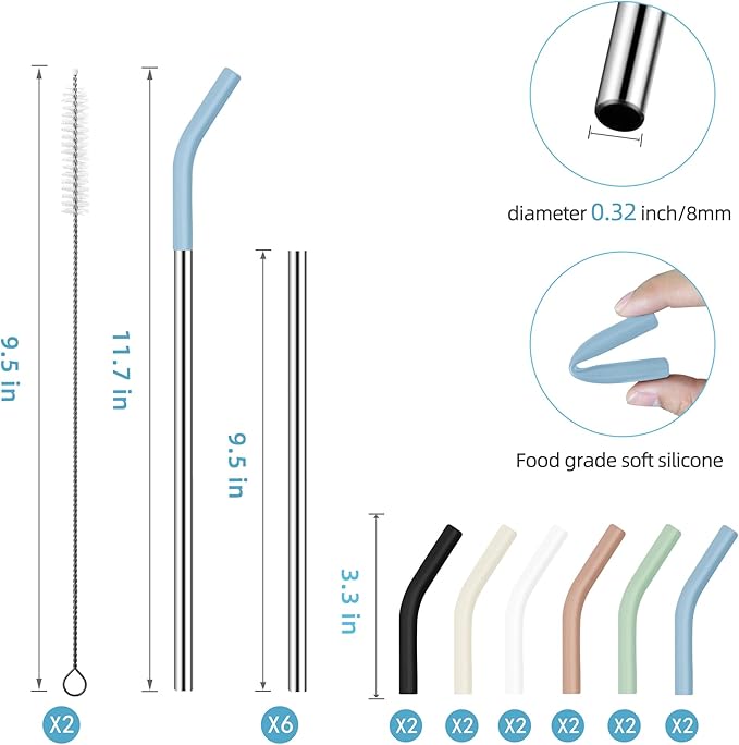 30 oz Stainless Metal Straws for 30 oz Stanley Tumbler, 6Pcs Reusable Straight Long Steel Straws with 12 Silicone Tips and 2 Straw Cleaning Brushes (6Color1, 30oz)