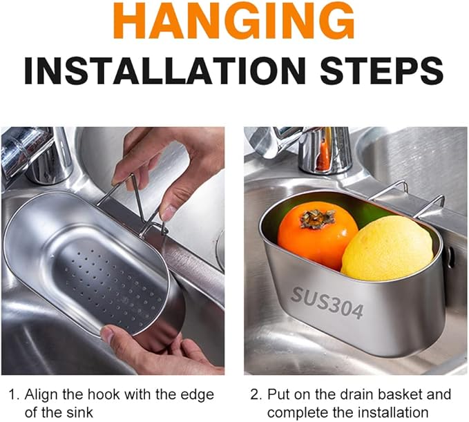 SYCOOVEN Stainless Steel Sink Drain Strainer Basket, Multifunctional Hanging Sink Strainer Colander Drain Basket Kitchen Sink Food Waste Filter and Wash Vegetables Fruits(Silver)