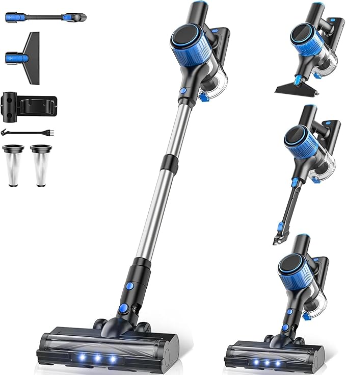 Cordless Vacuum Cleaner, 8 in 1 Powerful Suction Lightweight Vacuum Cleaner for Home, LED Display, 3 Suction Modes, 45Mins Detachable Battery Vacuum for Hard Floor Carpet Pet Hair