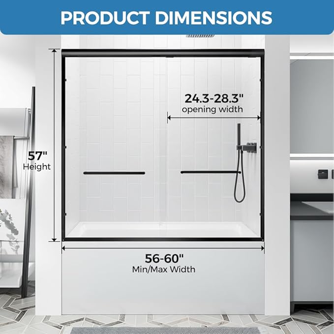 Double Sliding Bathtub Door 56-60“W x 57” H, Semi-Frameless Bath Tub Door - 1/4"(6mm) Tempered Glass Tub Shower Door with Explosion-Proof Film, Easy to Clean, Matte Black