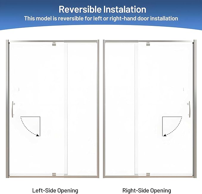 Pivot Glass Shower Door, 44-48" W x 71" H, 1/4"(6mm) Clear SGCC Tempered Glass, Brushed Nickel Finish, Magnetic Closure, Reversible Installation