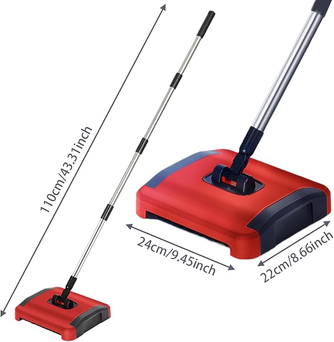 Carpet Sweeper Manual 3 Rolling Brushes Floor Sweeper Carpet Brush with Wheels and Large Waste Bin 43" Detachable