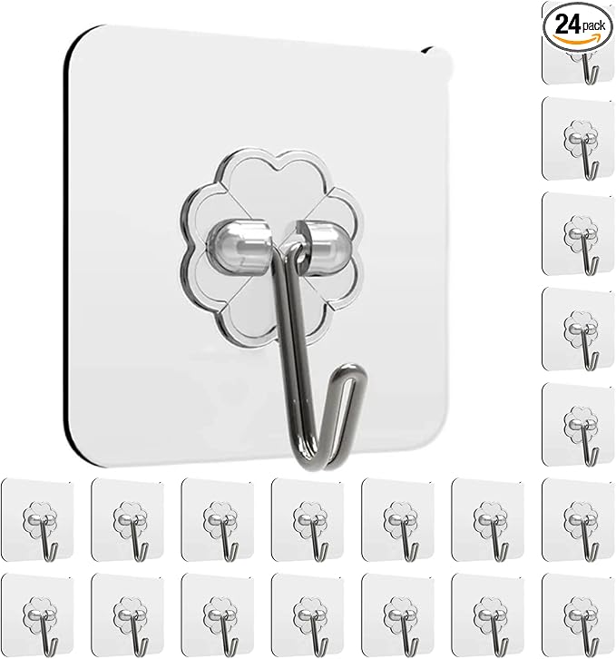 Adhesive Hooks, 24 Pack Heavy Duty Sticky Hooks, Transparent Removable Adhesive Hooks for Hanging, Wall Hooks Can be Used for Kitchen Bathroom Shower Outdoor Home Improvement, Waterproof and Rustproof