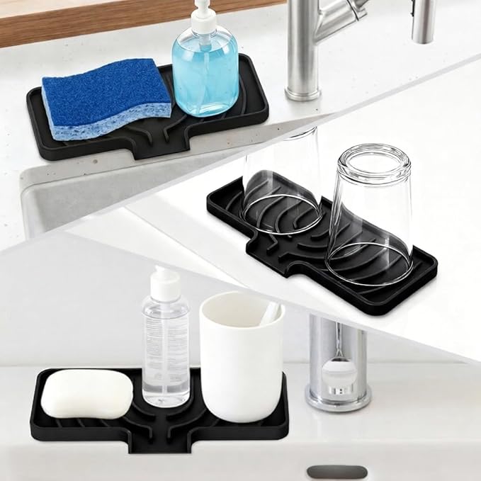 GUUKIN Sponge Holder for Kitchen Sink, Sink Caddy and Soap Tray | 10x5 inch Kitchen Sink Organizer | Compatible with Scrub Daddy, Kitchen Sink Accessories (Black)