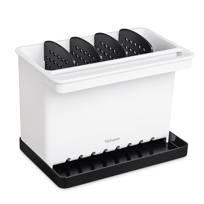 YOHOM Kitchen Sponge Brush Holder for Sink Black Dish Sponge Caddy Countertop Organizer Plastic Scrub Brush Holder with Dividers
