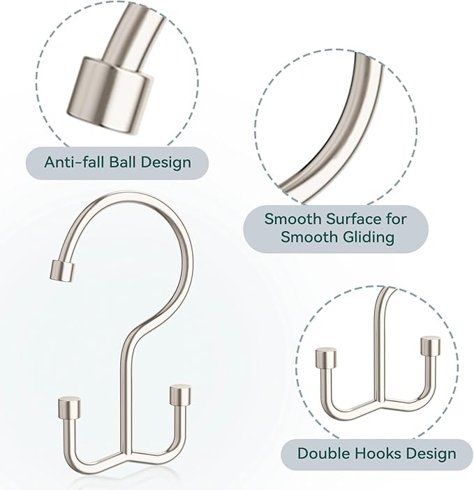 Goowin Shower Curtain Hooks, Shower Curtain Rings, Metal Shower Curtain Hangers Rust Proof, Double Glide Shower Rings for Curtain, Simple Shower Hooks for Shower Curtain, Nickel, 12 Pack-Cylinders