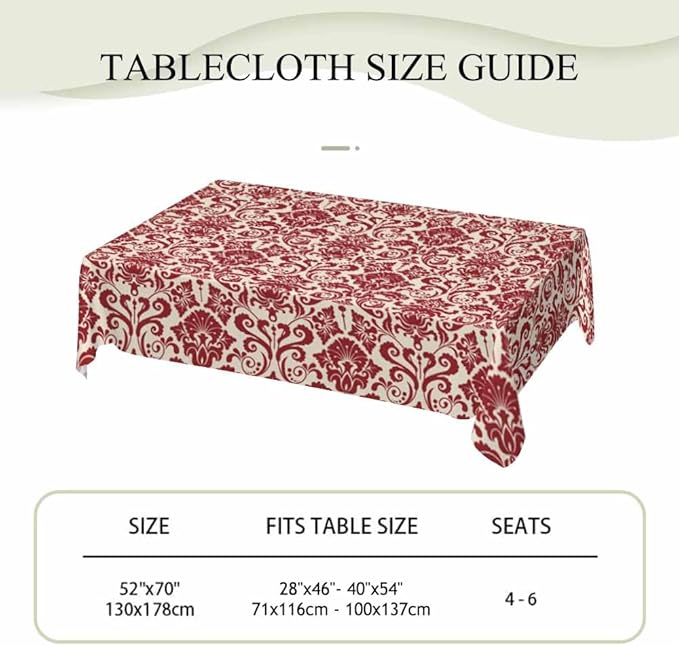 Vintage Damask Rectangular Tablecloth Red Floral 52x70 Table Cloth for Wedding Party Banquet,Dining Kitchen Rustic Table Cover