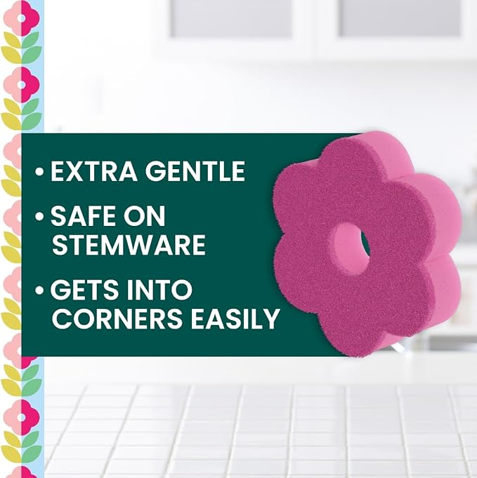 Scotch-Brite Brite Blooms Extra Gentle Scrub Sponge, Dishwasher-Safe Kitchen Sponge for Cleaning Delicate Surfaces, Pink Spring Flower Dish Sponges Made with 100% Recycled Fibers