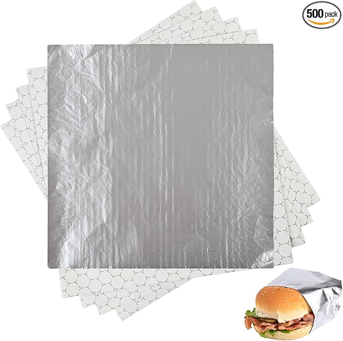 500 Pack Premium Insulated Foil Sandwich Wrap Sheets, 12"x12" Pre-Cut Foil Paper for Hot Dogs, Burgers, Burritos, Food Wrapping, Grease-Resistant and Waterproof, Heat & Cold Insulation for Freshness