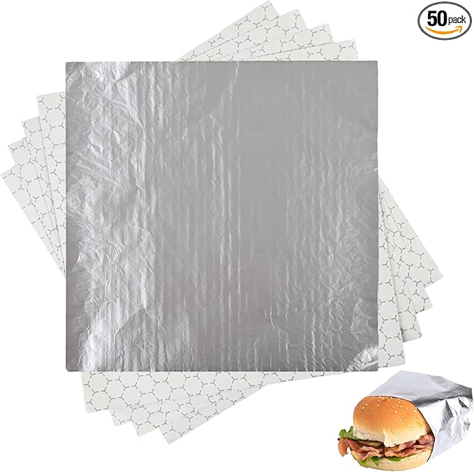 50 Pack Premium Insulated Foil Sandwich Wrap Sheets, 12"x12" Pre-Cut Foil Paper for Hot Dogs, Burgers, Burritos, Food Wrapping, Grease-Resistant and Waterproof, Heat & Cold Insulation for Freshness