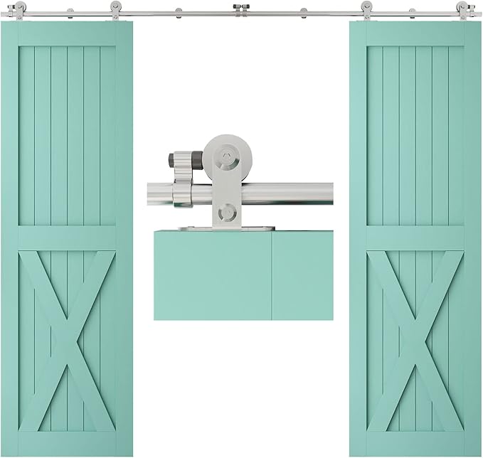 TSMST 5FT Sliding Barn Door Hardware Kit, Top Mount Stainless Steel Heavy Duty Sturdy Barn Door Track for Double Wood Door, Slide Smoothly Quietly (T Style)