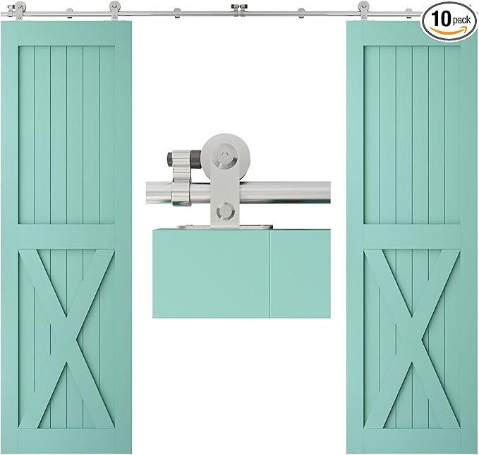 TSMST 10FT Sliding Barn Door Hardware Kit, Top Mount Stainless Steel Heavy Duty Sturdy Barn Door Track for Double Wood Door, Slide Smoothly Quietly (T Style)