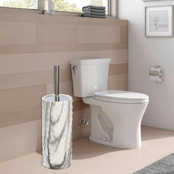 J&V TEXTILES Ceramic Toilet Brush, Toilet Bowl Brush with Extra Long Handle Durable Bristles Toilet Scrubber and Covered Holder for Toilet Brush Set for Bathroom Cleaning (Chrome/Marble)