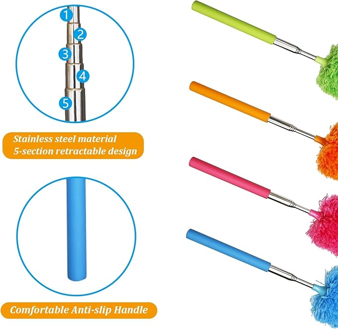 4 Pcs Washable Microfiber Feather Duster, with Extendable Pole and Bendable Head, Microfibre Cleaning Tool for Cleaning Office, Car, Computer, Furniture, Sofa