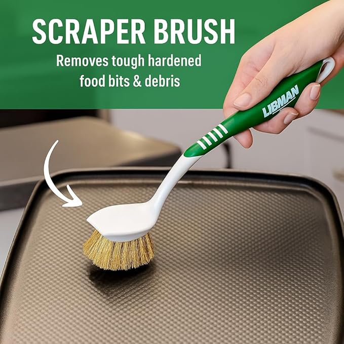 Libman Brass Brush Pot Scrubber - Metal Wire Brass Pot Brush - 3 Pk Wire Scrub Brushes with Pot & Pan Scraper for Cleaning Grills, Skillets, Oven Racks