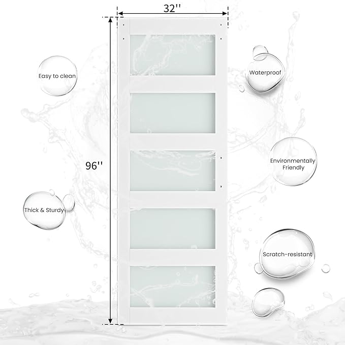 SmartStandard 32 x 96 in Glass Barn Door with 6FT Sliding Hardware Kit & Handle, Pre-Drilled Ready to Assemble, Waterproof PVC Coating, White, 5-Panel Glass