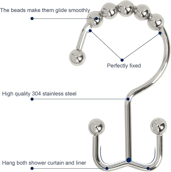 Shower Curtain Hooks,Sturdy Stainless Steel Double Sided Shower Hooks Rings for Bathroom Shower Curtain Rods Curtains Set of 12 Hooks - Nickel