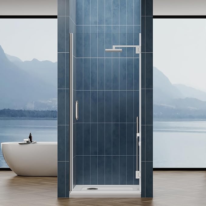 Framelss Hinged Shower Door, 34" W x 76" H Single Swing Pivot Shower Door, 3/8" (10mm) Tempered Glass with Nano Coating, Stainless Handle, Glass Door for Walk-in Shower - Brushed Nickel