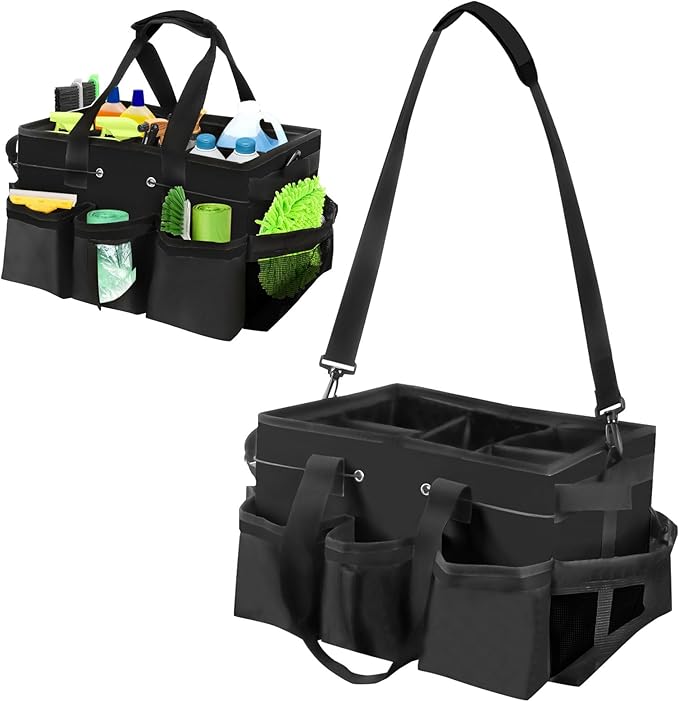 Wearable Cleaning Caddy Organizer with Handle & Shoulder Straps for Cleaners, 5 Compartments, Housekeeping Tote for Kitchen & Bathroom, Car Tool Caddy Organizer Bag (black)