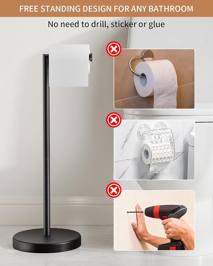 BWE Bathroom Toilet Paper Holder Stand Matte Black SUS304 Stainless Steel RV Modern Freestanding Toilet Paper Roll Holder for Bathroom and Washroom with Heavy Weighted Base