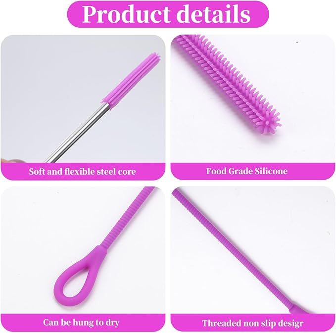 2Pcs silicone straw cleaning brushes, extra long, used for Cleaning Glass Metal Smoothie Straws and StrawCups,Non-slip Handle Soft and Bendable, 6mm+9mm. (Purple)