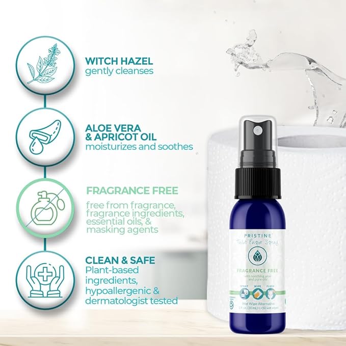 PRISTINE Toilet Paper Spray - As Seen on Shark Tank, More Natural Flushable Wet Wipes Alternative, Spray Toilet Paper to Create Flushable Wipe, Fragrance Free, 1 fl oz Travel Size