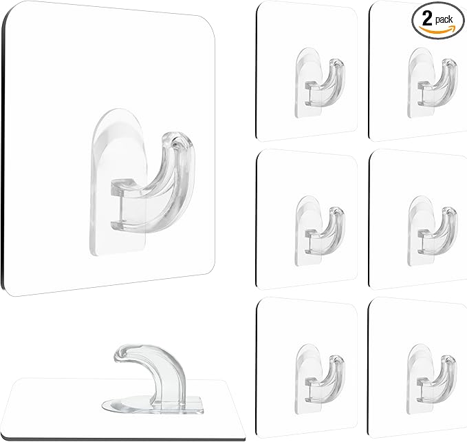 Hawsam 8PCS Clear Adhesive Sticky Wall Hooks,No Drilling Strong Waterproof Sticker Hanger for Kitchen, Shower and Bathroom 20kg/44lb. (Max Loading)