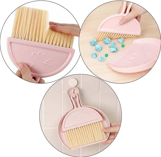 3 Pcs Mini Broom and Dustpan Set with Pink Towel, Small Brush Handheld Broom, Hangable Dustpan for Cleaning Tables, Sofas, Cars, Keyboards, Kitchen Countertops