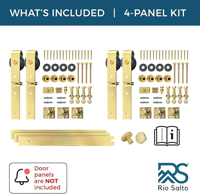 Rio Salto Gold Bifold Sliding Barn Door Hardware Kit Heavy Duty Metal Track System with Matching Knobs Gold Bi-Fold Barn Door Bifold Closet Doors, Bi-Folding 52" Track for 4 Doors, 4 Rollers No Door