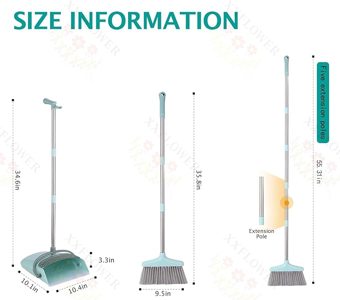 XXFLOWER Broom and Dustpan Set+Silicone Air Broom,Multifunction Magic Broom with Long Handle，Adjustable Rubber Squeegee Sweeping Water for Indoor Hardwood Floors,Kitchen,Concrete Floor