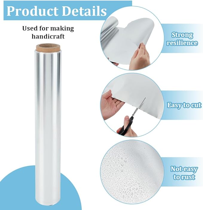 BEUNITONE Embossing Foil, 6 Meter Heavy Duty Silver Foil Roll 0.07 mm Thick Aluminium Wrap for Crafting DIY Projects Gift Wrapping Home Repair, Easy to Cut and Shape (11.8 inch X 19.7ft,Silver)
