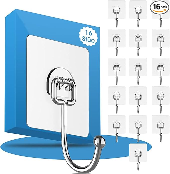 Adhesive Hooks Heavy Duty 44lb(max), Rustproof Wall Hooks for Hanging Bag, Coat, Towel etc, Strong Stick on Hooks for Hanging Heavy Duty for Bathroom, Kitchen, Home, 16 Pack