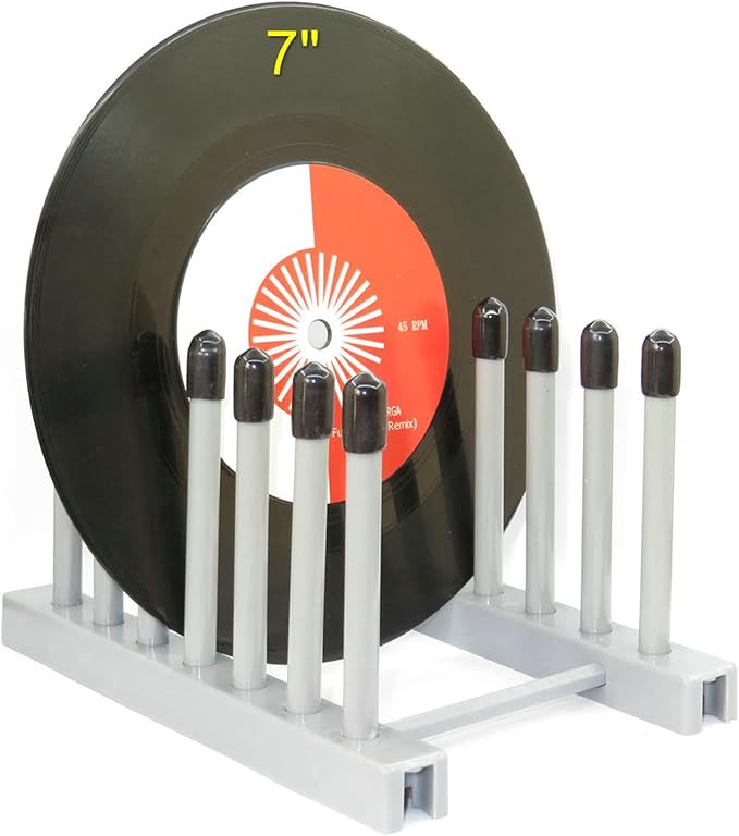 Pmsanzay Vinyl Record Storage Holder Stand cleaning device drying rack Display - With Silicone top（Keep your records scratch free）– Holds up to 6 Album Lp’s, for 12" and 7" Records，(No Records) Grey