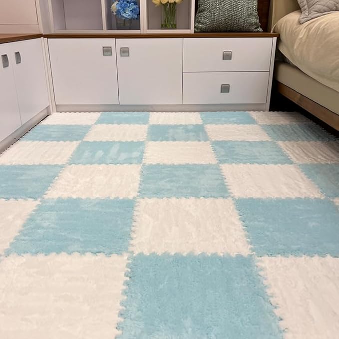 12Pcs Interlocking Carpet Tiles,12"x 12" Plush Interlocking Foam Carpet Tiles with Border,Fluffy Play Mat Floor Tiles Thick Padded Squares Foam Tiles for Playroom Decor (White+Light Blue)