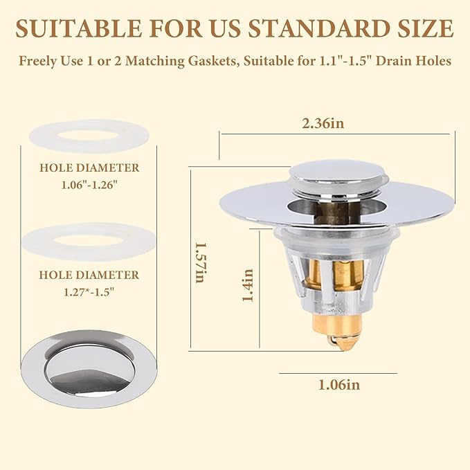 Bathroom Sink Stopper – Universal Bathroom Sink Drain Strainer with Hair Catcher Anti-Clog Pop-Up Drain Plug for 1.1–1.5 inch US Standard Openings