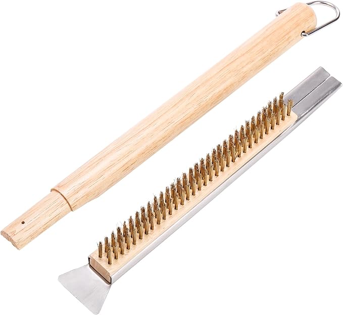 ZEAYEA 21 Inch Pizza Oven Brush with Scraper, Brass Bristles, Copper Wire Pizza Stone Cleaning Brush for BBQ Grill Cleaning, Outdoor Oven Accessories
