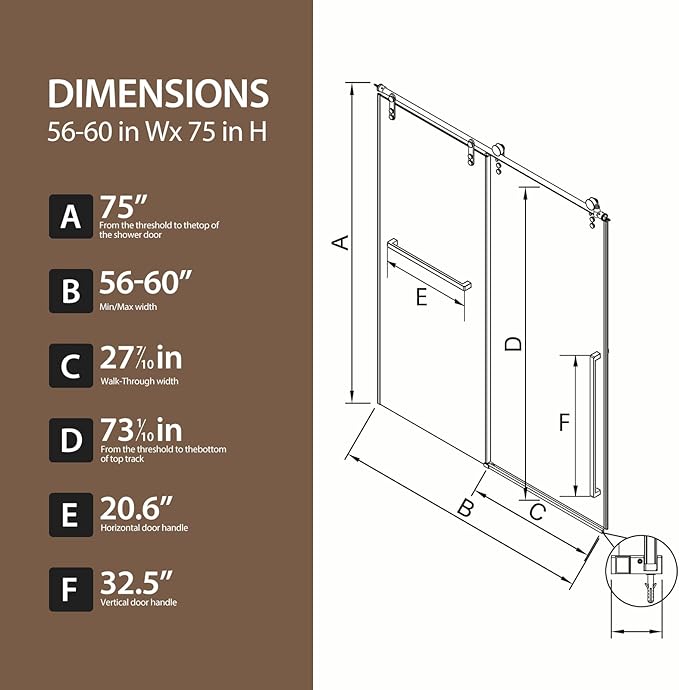 Frameless Shower Door, 56-60" W x 75" H 5/16" 8mm Glass Sliding Shower Doors with Explosion-Proof Film, Shower Doors for Walk in Shower with Tempered Glass Stainless Steel Hardware, Brushed Nickel