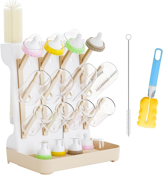 Baby Bottle Drying Rack: Large Vertical Bottle Dryer Rack Holder - Space Saving Standing Drying Rack for Baby Bottles and Pump Part Cleaning（Beige）