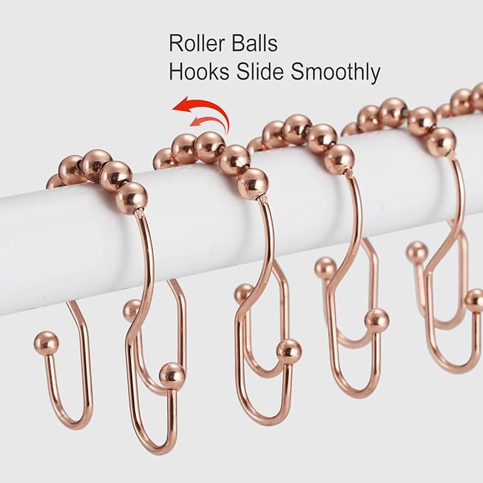 Goowin Shower Curtain Hooks, 12 Pcs Shower Curtain Rings, Stainless Steel Shower Curtain Hangers, Double Hook Shower Curtain Hooks, Smooth Sliding Anti-Drop Shower Rings for Curtain (Rose Gold)