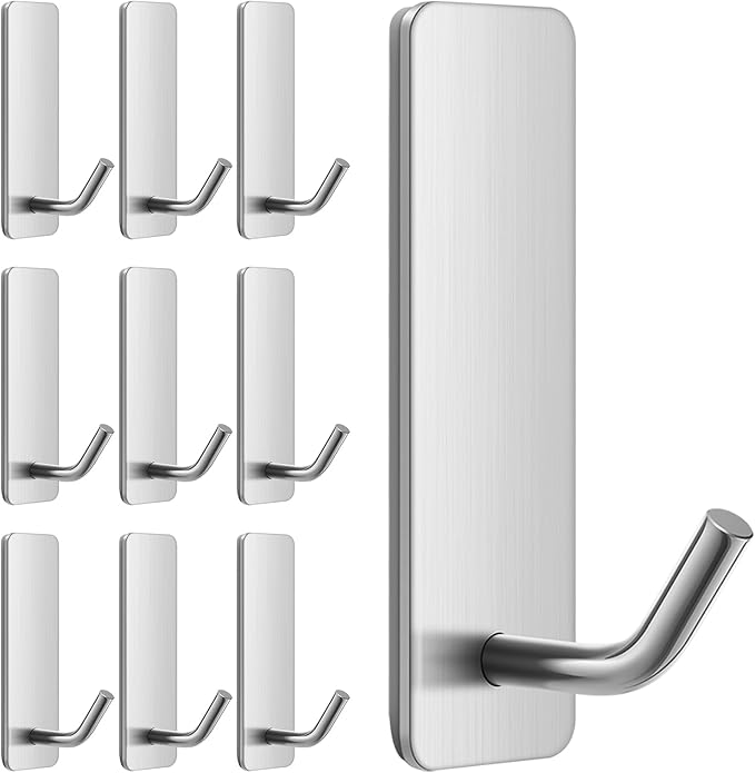 Small Self Adhesive Hooks for Walls No Damage, 6-Pack Stainless Steel Stick on Hooks for Hanging Towel Key Hat Bag Jewelry, Sticky Hangers for Kitchen Bathroom Door (Silver(10pcs))