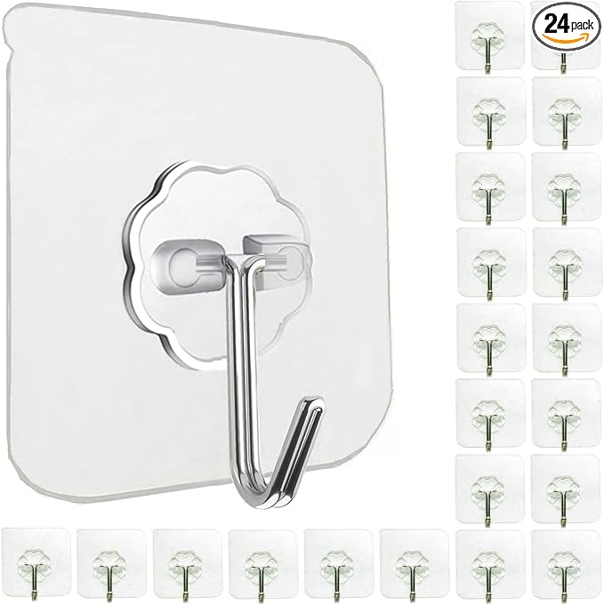 24 Pack Self Adhesive Hooks Heavy Duty - 33lb Max, Transparent, Waterproof, Sticky Wall Hooks for Keys, Bathroom, Shower, Outdoor, Kitchen, Door, Home Improvement, Utility Hooks